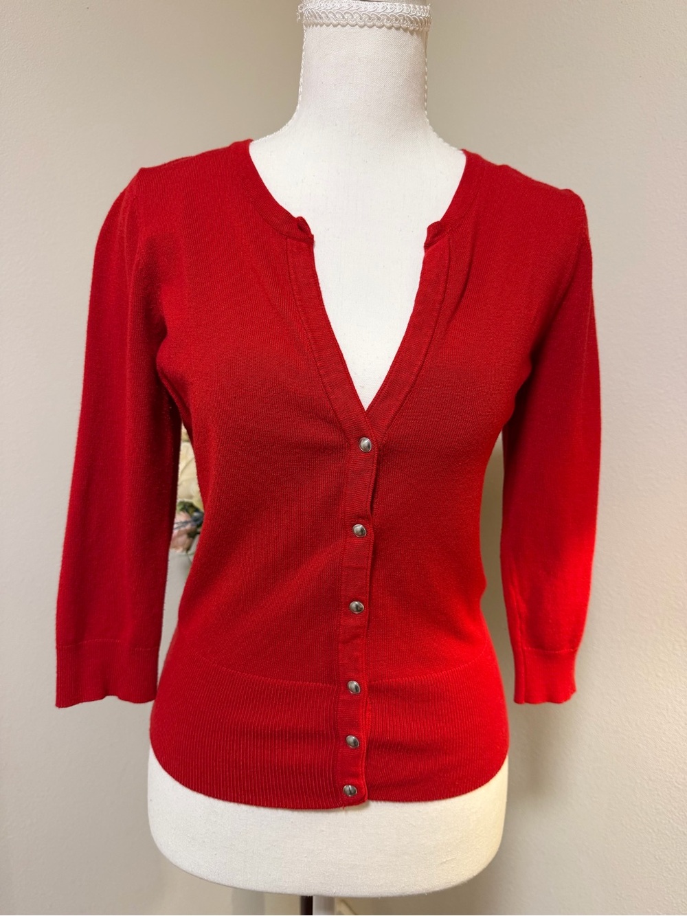 White House Black Market Red V-Neck Buttoned Cardigan